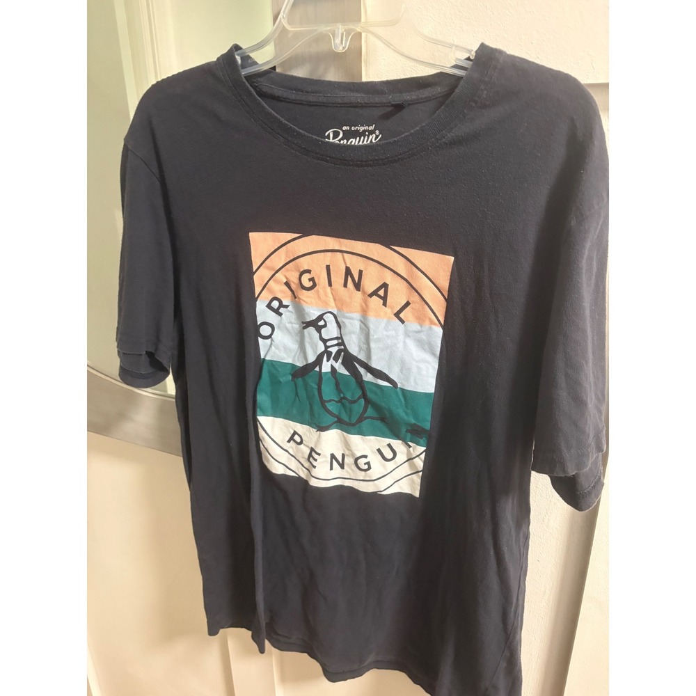 Original Penguin Mens Graphic T-Shirt Black Crew Neck Short Sleeve Large Logo
